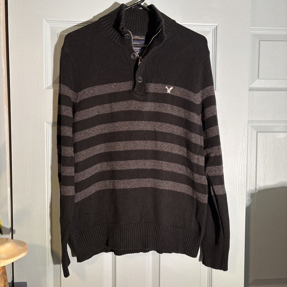 American Eagle Outfitters Mens Long Sleeve 1/4 Zip Sweater Athletic Fit Stripe L